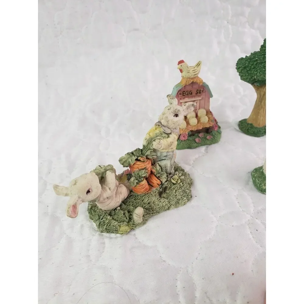 Vintage Easter Bunny Village Figurines Garden Accessories Spring Decor 8 Pcs